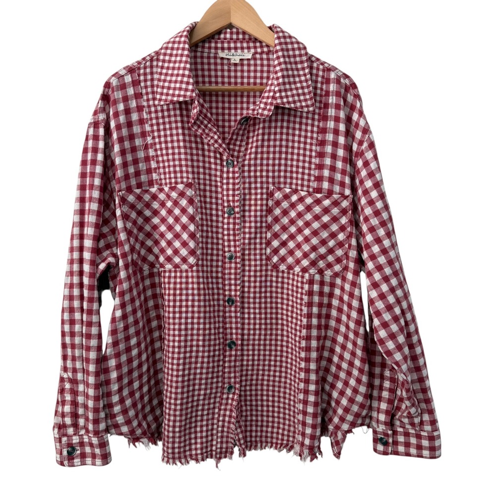 Oli & Hali Multi Buffalo Check Fringe Button Up Top Shacket L Red Side Pockets - Picture 2 of 9